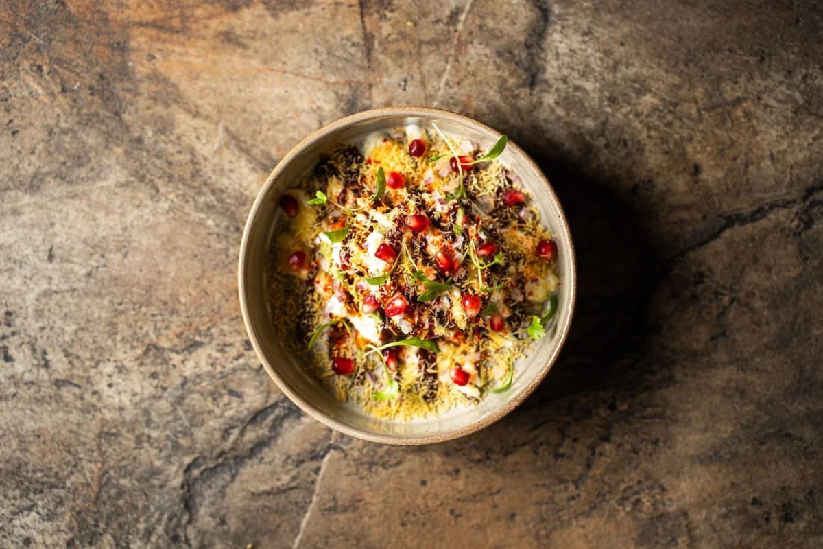chaat, pomegranate and sev